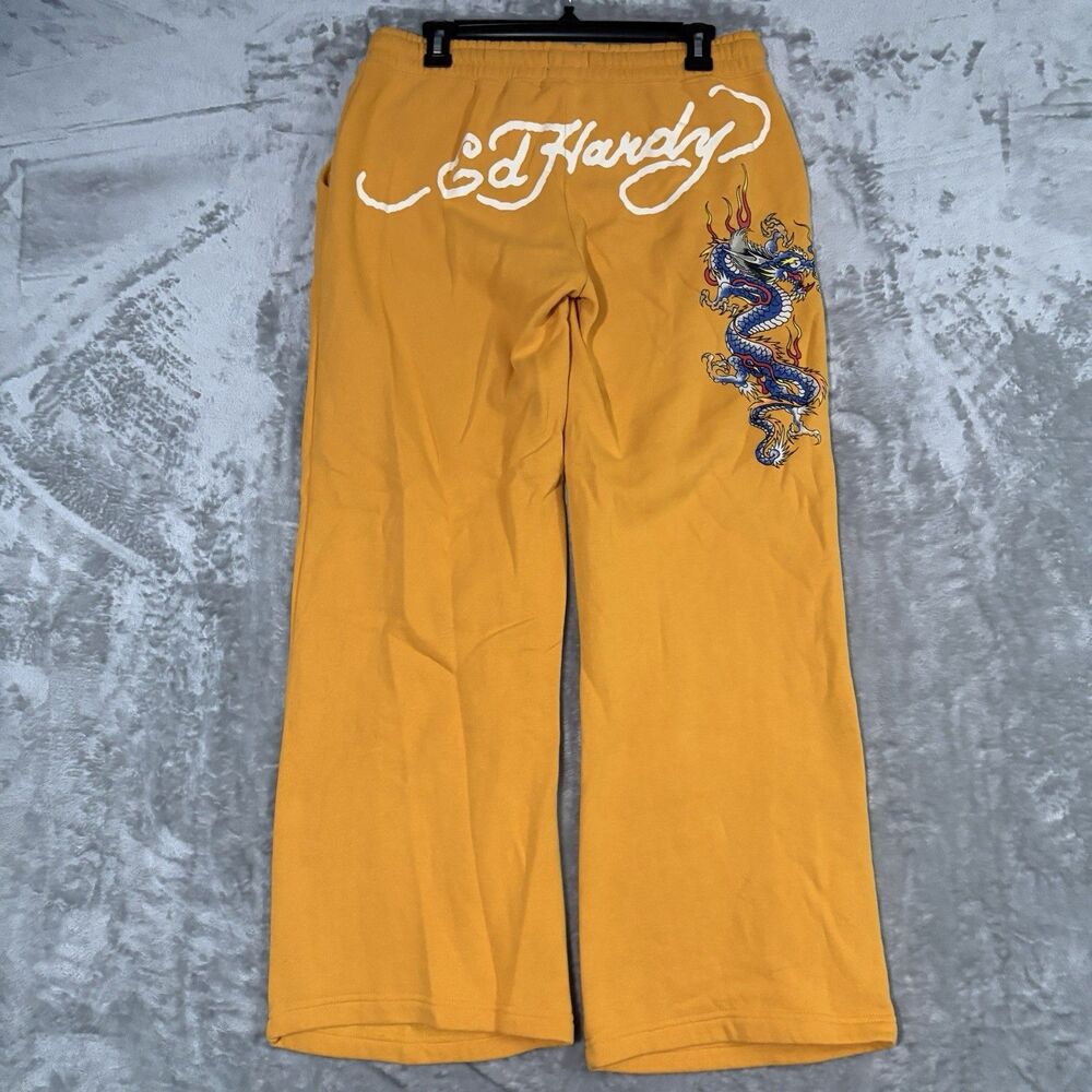Ed Hardy Yellow Dragon Wide Leg Sweatpants Women’s Size M Y2K Streetwear Retro